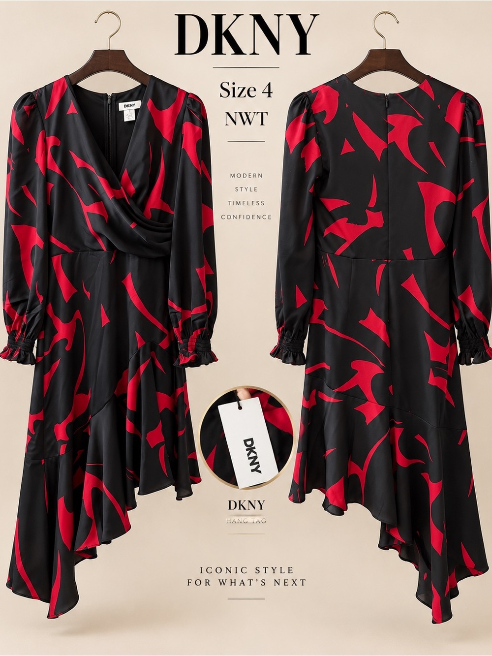 DKNY Black & Red Asymmetric Long-Sleeve Dress - Size 4